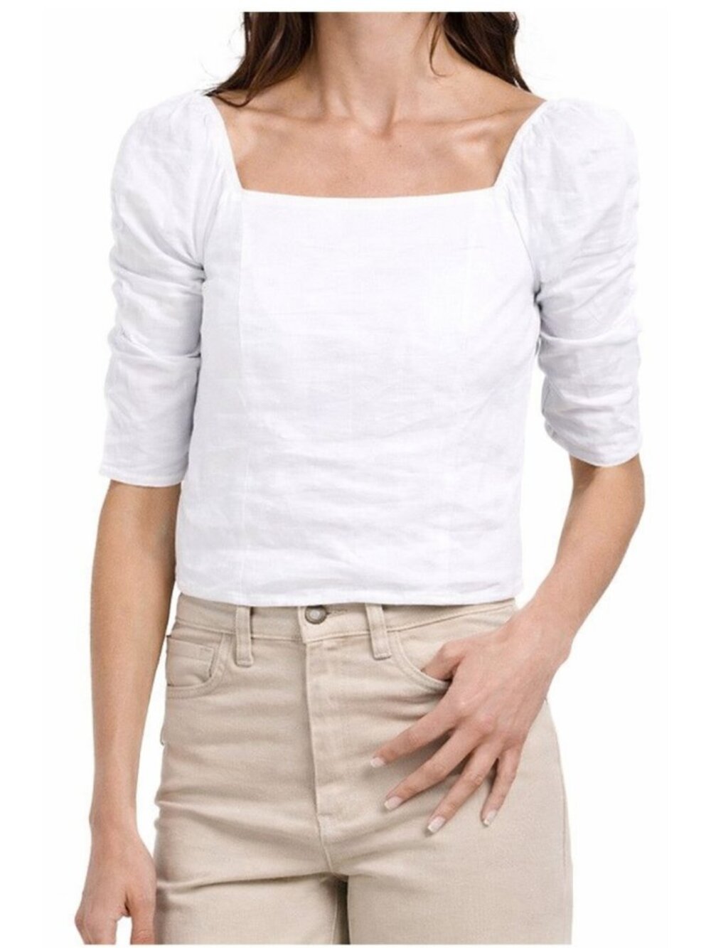 Rachel Zoe Cropped Linen Top Size XL NWT White Square-Neck Puff Sleeve